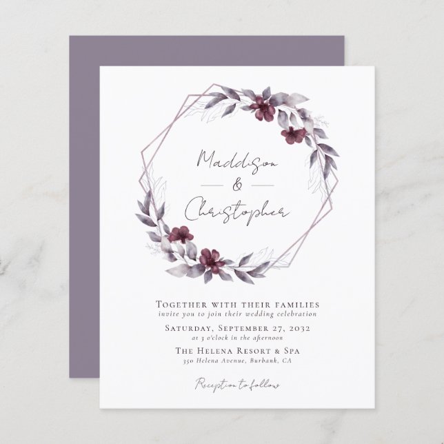 Budget Dusty Purple Floral Faire-part de mariage (Devant / Derrière)
