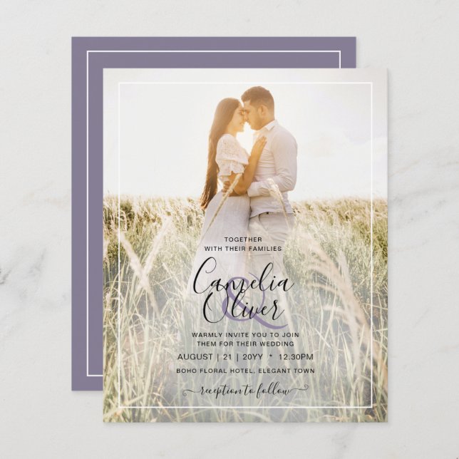 BUDGET Dusty Purple Photo Overlay Mariage Invitati (Devant / Derrière)
