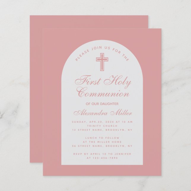 Budget Dusty Rose Arc Première communion Invitatio (Devant / Derrière)