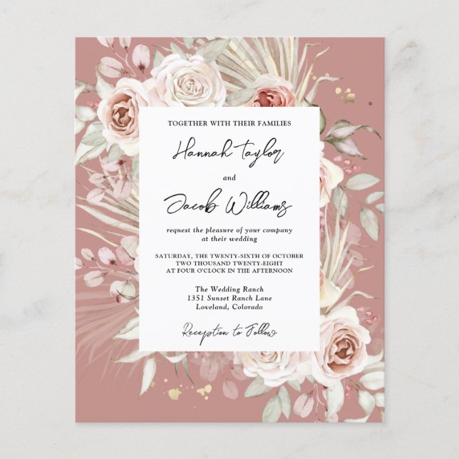 Budget Dusty Rose Boho Faire-part de mariage (Devant)