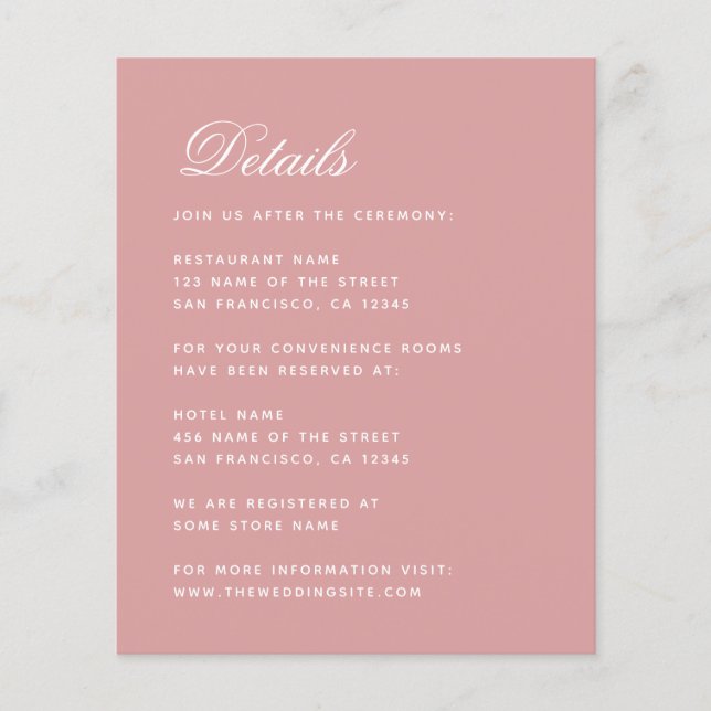 Budget Dusty Rose Détails Mariage Simple Pink Card (Devant)
