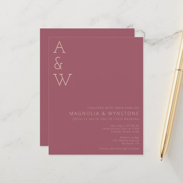 BUDGET Dusty Rose Faire-part de mariage (Devant/Arrière en situation)