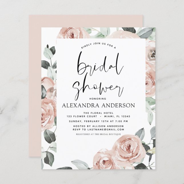 Budget Dusty rose Fête des mariées Floral Invitati (Devant / Derrière)