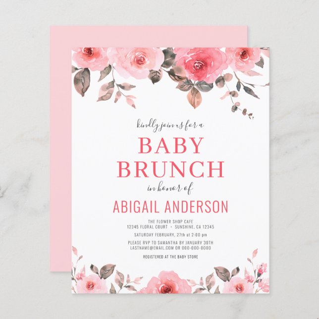 Budget Dusty rose Floral Baby Brunch Invitation (Devant / Derrière)