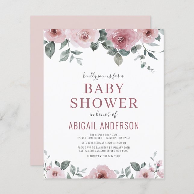 Budget Dusty Rose Floral Baby shower Invitation (Devant / Derrière)