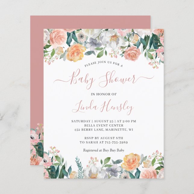 Budget Dusty Rose Floral Baby shower Invitation (Devant / Derrière)