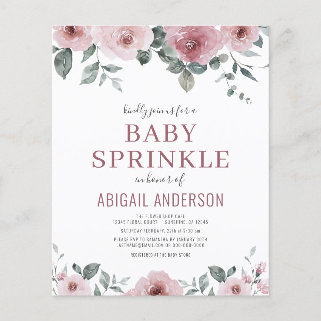 Budget Dusty Rose Floral Baby Sprinkle Invitation (Devant)