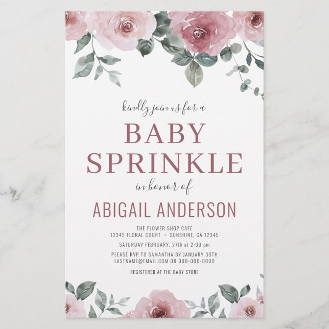 Budget Dusty Rose Floral Baby Sprinkle Invitation (Devant)