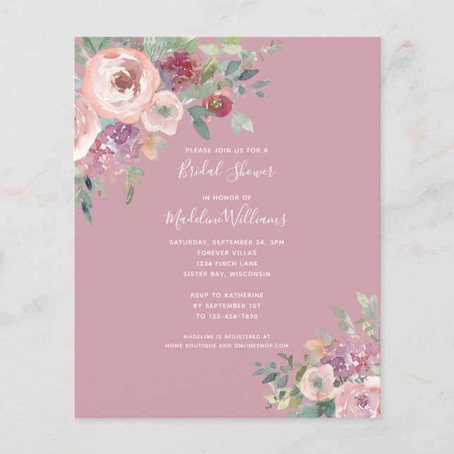BUDGET Dusty Rose Floral Douche nuptiale Invitatio (Devant)