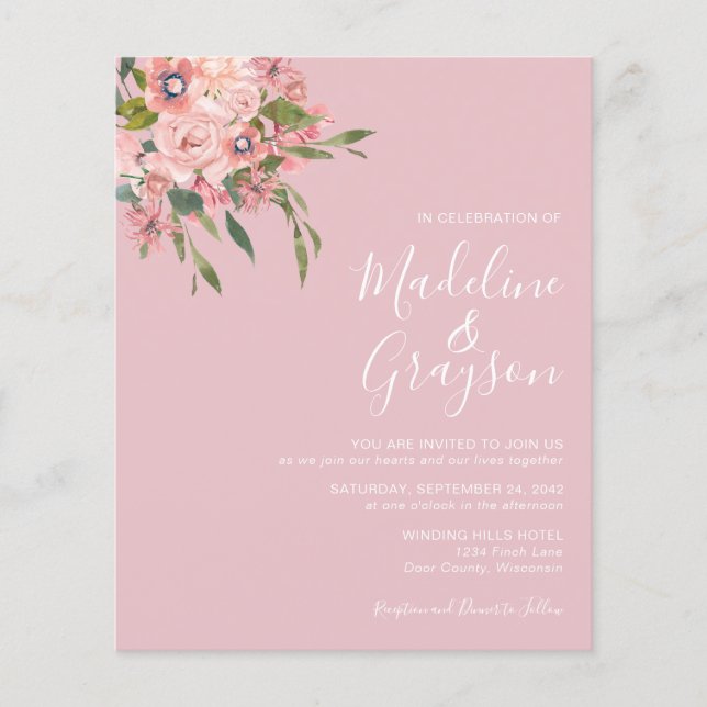 BUDGET Dusty rose Floral Faire-part de mariage (Devant)