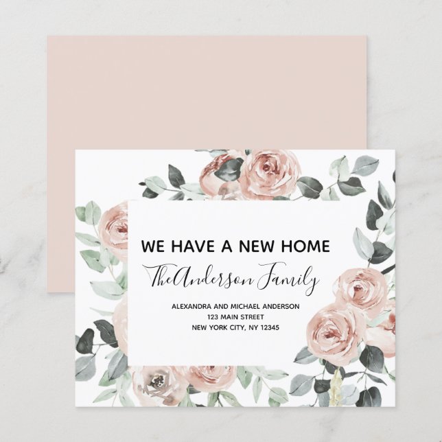Budget Dusty Rose Floral Moving Faire-part (Devant / Derrière)