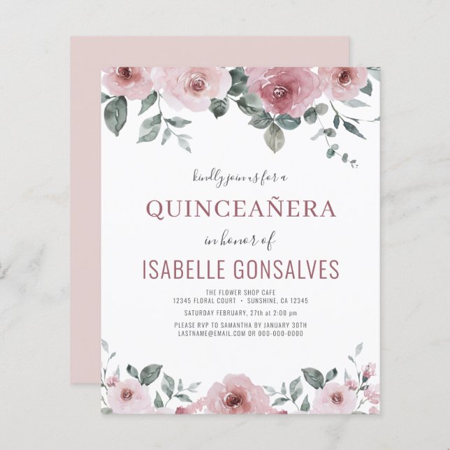 Budget Dusty Rose Floral QUINCEAÑERA Invitation (Devant / Derrière)