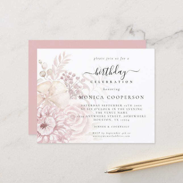 Budget Dusty Rose Florals Femme Invitation d'anniv (Devant/Arrière en situation)