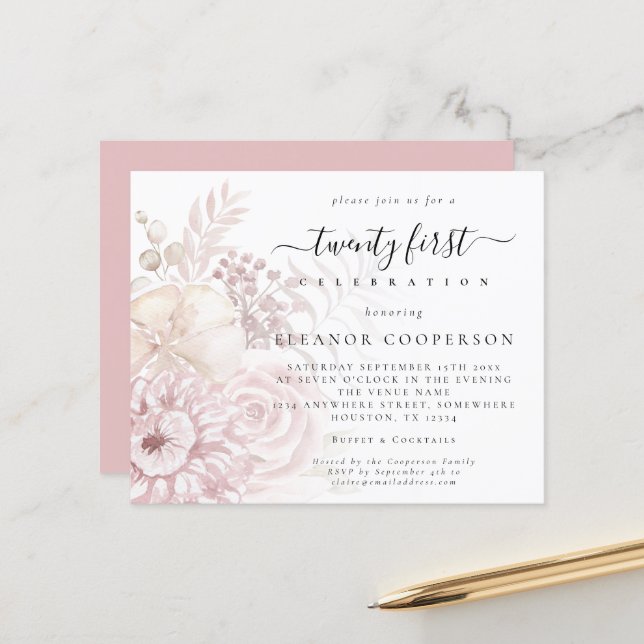 Budget Dusty Rose Florals Fille Invitation de 21èm (Devant/Arrière en situation)