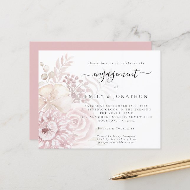 Budget Dusty Rose Florals Invitation Fiançailles (Devant/Arrière en situation)