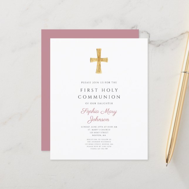 Budget Dusty Rose Girl First Communion Invitation (Devant/Arrière en situation)