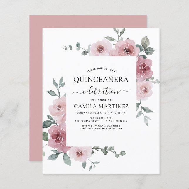 Budget Dusty rose Quinceañera Floral Invitation (Devant / Derrière)