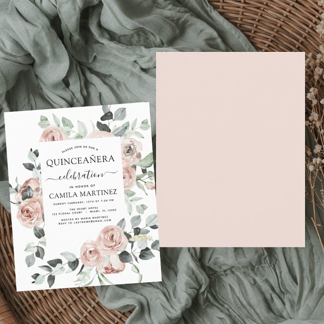 Budget Dusty rose Quinceañera Floral Invitation (Créateur téléchargé)