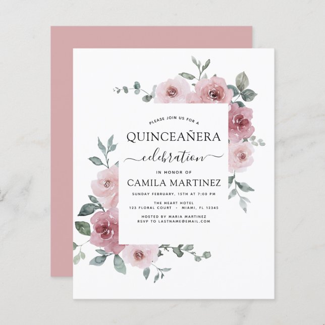 Budget Dusty rose Quinceañera Floral Invitation (Devant / Derrière)
