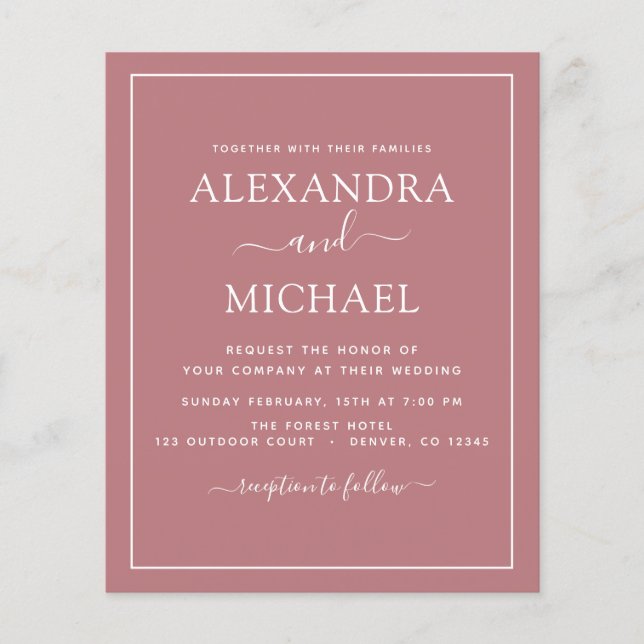 Budget Dusty Rose rose Mariage moderne Typographie (Devant)