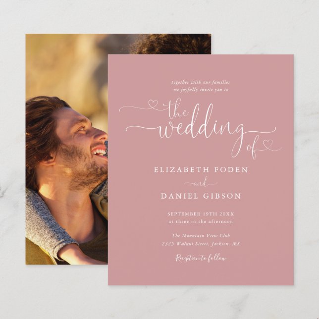 Budget Dusty Rose Script Photo Faire-part de maria (Devant / Derrière)