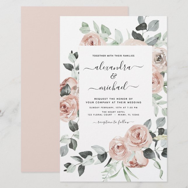 Budget Dusty rose verdure Invitations de mariage (Devant / Derrière)
