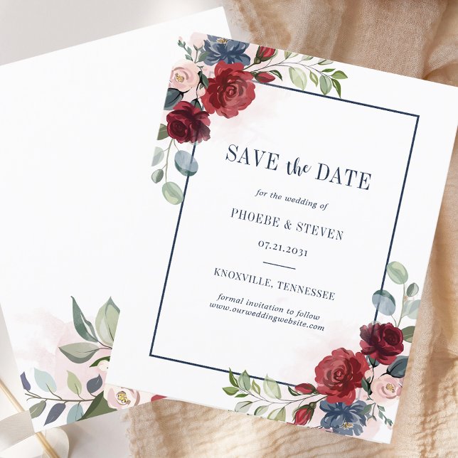 Budget Économisez la date Burgundy Floral Navy Ble (Watercolor Floral Wedding Save the Date)