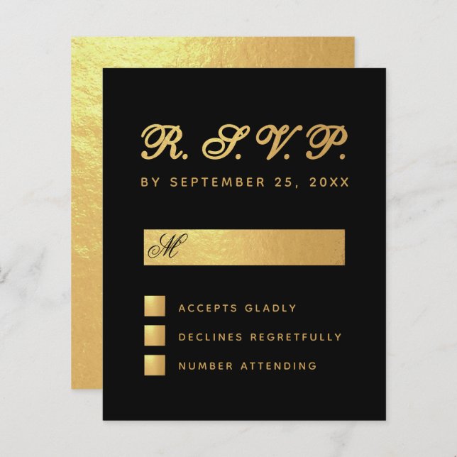 Budget Elégant Black Faux Gold Script Wedding RSVP (Devant / Derrière)