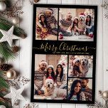 Budget Elegant Black Gold 5 Photo Carte de Noël<br><div class="desc">Budget Simple Élégante Calligraphie Moderne Noir et Or 5 Collage photo Joyeux Script de Noël Carte de vacances. Ce modèle festif, minimaliste, cinq (5) cartes de voeux de vacances photo présente un joli montage photo en grille et dit "Joyeux Noël"! Le texte de salutation "Joyeux Noël" est écrit dans un...</div>