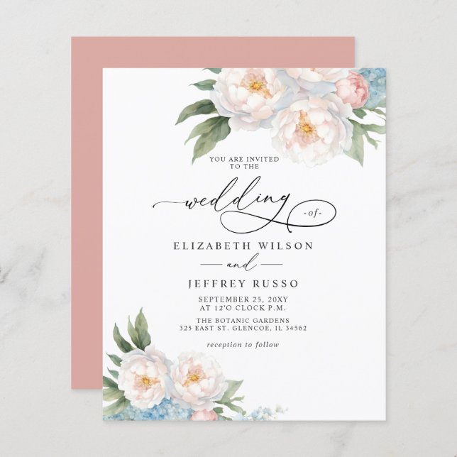 Budget Elegant Blush Floral invitations de mariage (Devant / Derrière)