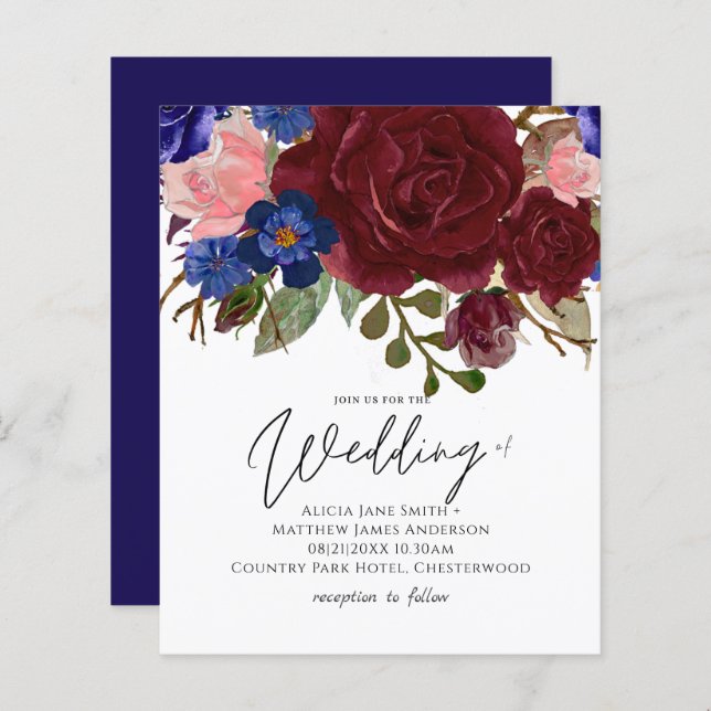 BUDGET Elégant Burgundy Blue Floral Mariage Invita (Devant / Derrière)
