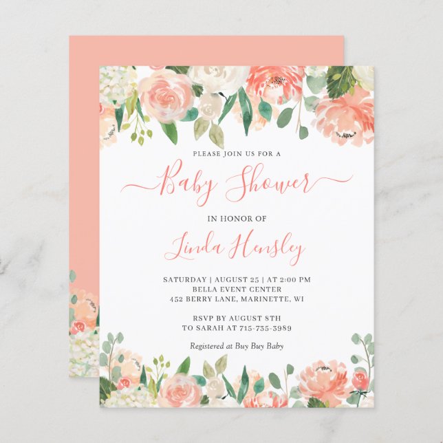Budget Elegant Coral Floral Baby shower Invitation (Devant / Derrière)