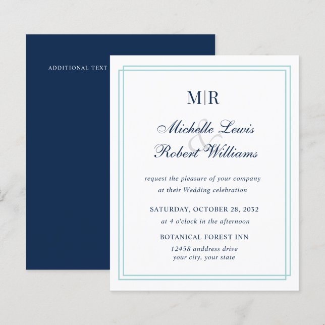 BUDGET Élégant Double Monogramme Mariage Bleu Vert (Devant / Derrière)