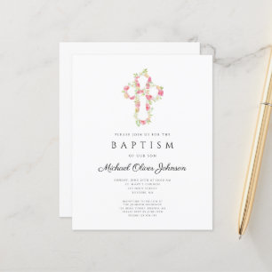 Budget Élégant Floral Pink Cross Baptism Invitatio