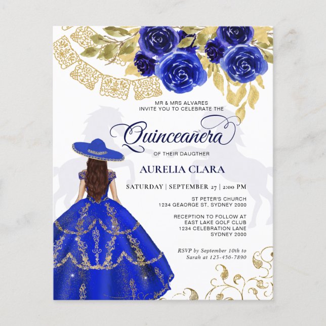 Budget Élégant Floral Royal Blue Horse Quinceañera (Devant)