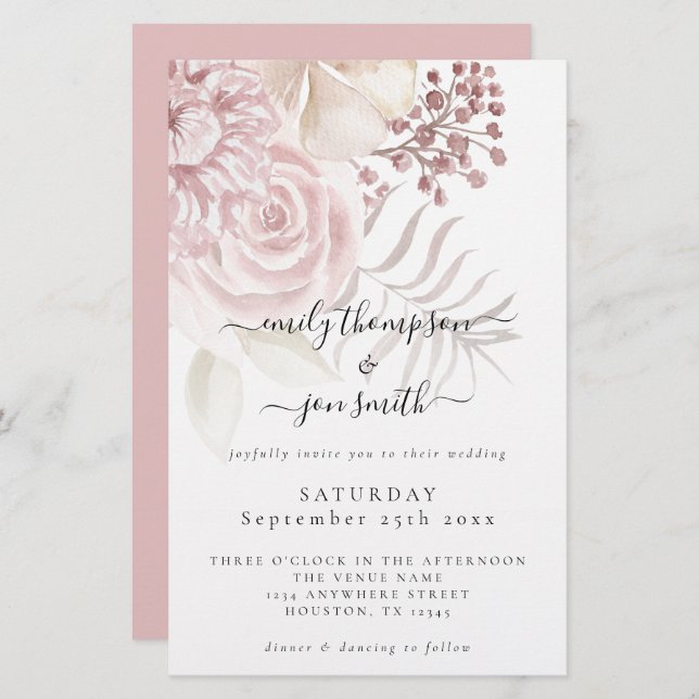 Budget Élégant Florales Script Pink Mariage Invita (Devant / Derrière)