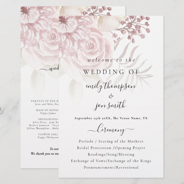 Budget Élégant Florals Script Pink Wedding Program (Devant / Derrière)