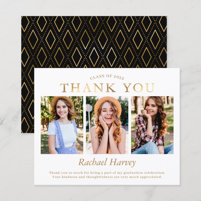 Budget Elegant Gold 3 Photo Graduation Merci (Devant / Derrière)