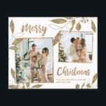 Budget Elegant Gold Feuilles 2 Photo Carte de Noël<br><div class="desc">Budget, Elégant, Moderne Feuilles Botaniques Blanc et Or 2 Photo Collage Joyeux Noël (fin!) Carte. Note : plus mince qu'une carte postale ! Ce modèle de carte de vacances festive, fantasque deux (2) photo présente un joli collage photo, faux feuilles botaniques de feuille d'or, des hivernages et dit Joyeux Noël!...</div>