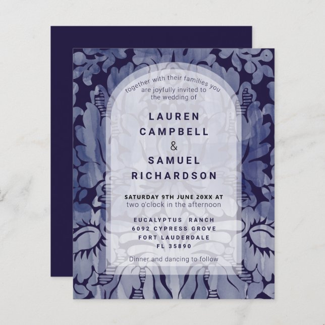 Budget Elegant Marine Blue Mariage damassé Invitat (Devant / Derrière)