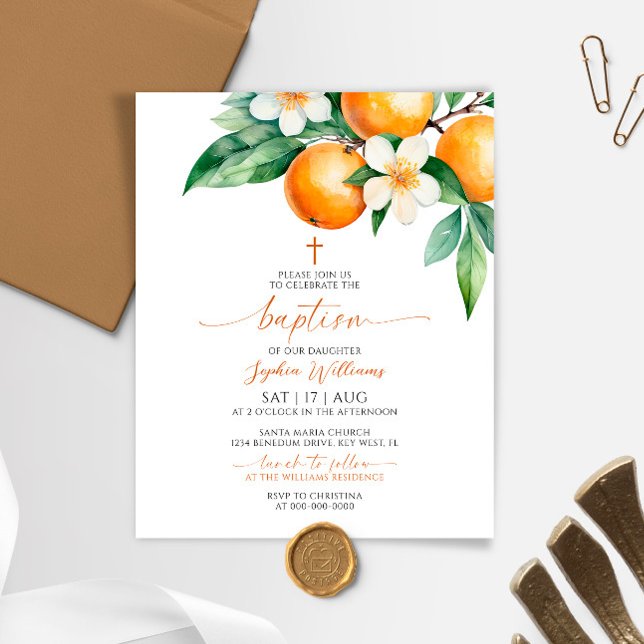 Budget Elégant Orange Floral Baptism Invitation (Créateur téléchargé)