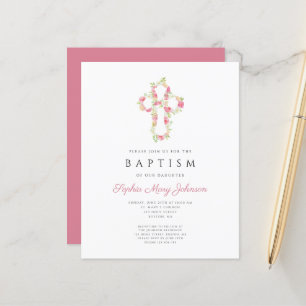 Budget Elégant rose Floral Cross Baptism Invitatio