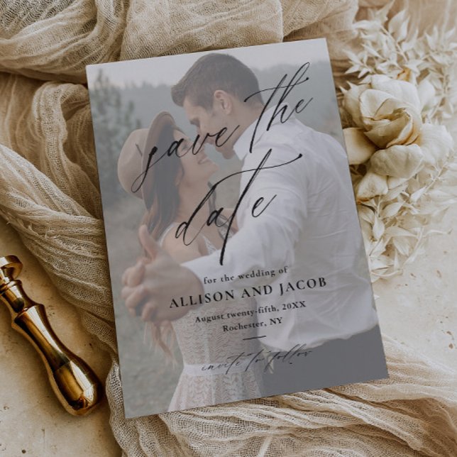 Budget Élégant Script photo mariage Enregistrer la (Elegant handwritten budget wedding photo save the date card.)