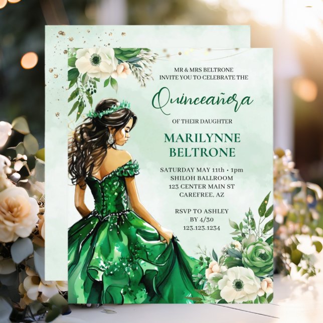 Budget Elégant Vert Floral Princesse Quinceañera (Créateur téléchargé)