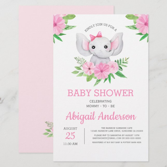 BUDGET Elephant Baby shower Floral Invitation (Devant / Derrière)