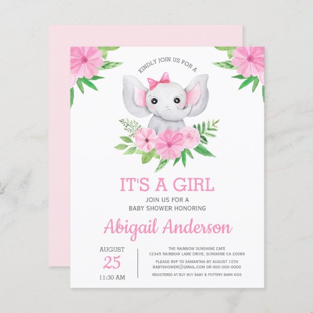 BUDGET Elephant Baby shower Girly Invitation (Devant / Derrière)