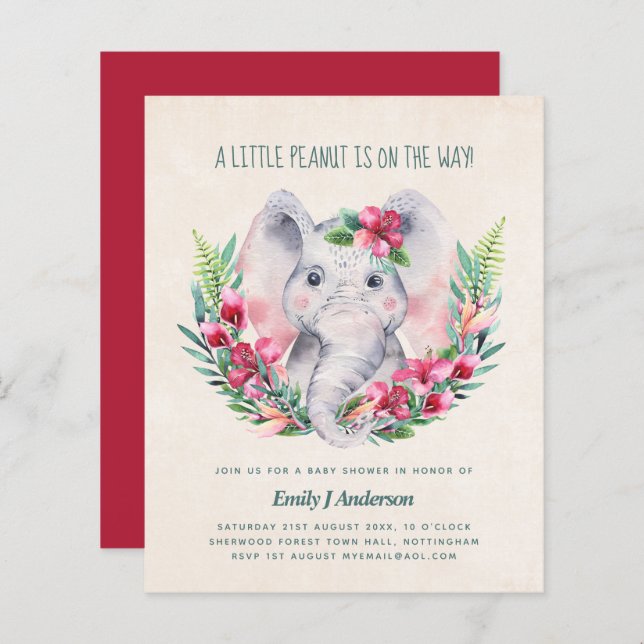 BUDGET Elephant Baby shower Invitation rose profon (Devant / Derrière)
