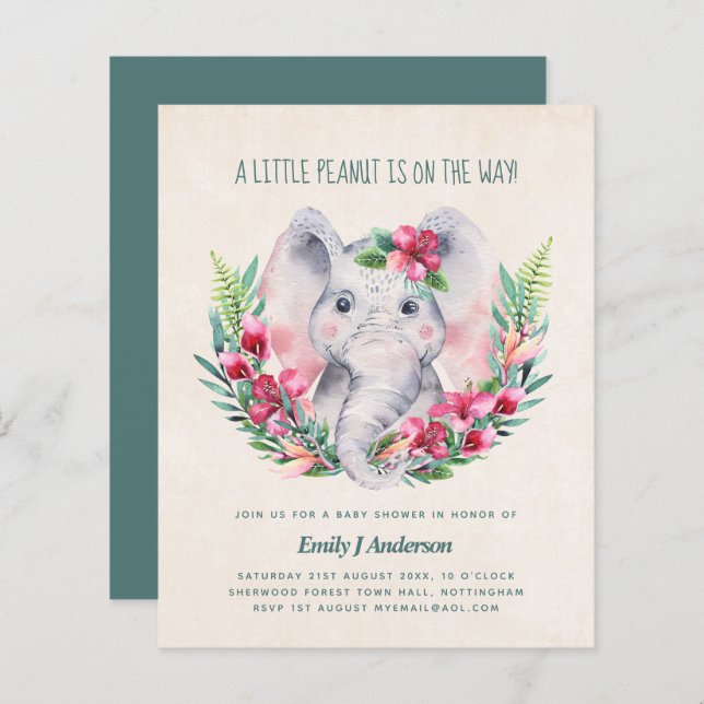 BUDGET Elephant Baby shower Invitation Safari (Devant / Derrière)