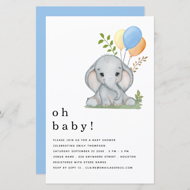 Budget Elephant Blue Boy Baby shower Invitation (Devant / Derrière)