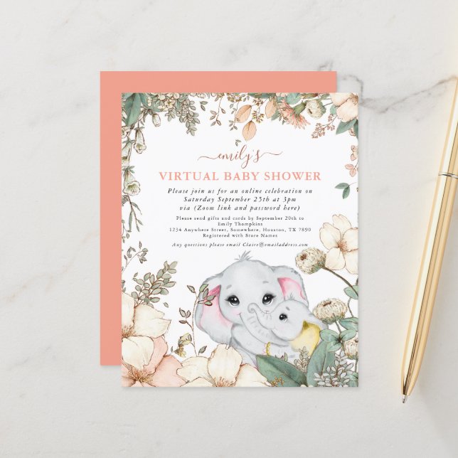 Budget Elephant Coral Baby shower virtuel Invitati (Devant/Arrière en situation)